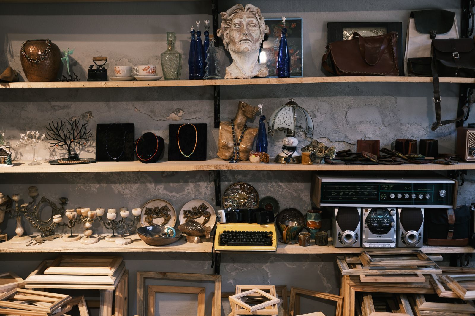 Shelves of antiques, decor and collectibles