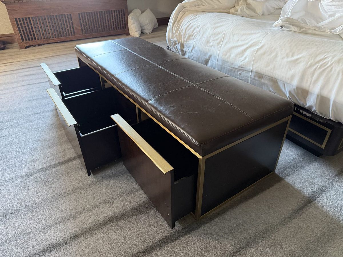 Hotel storage bench with drawers, available in our store
