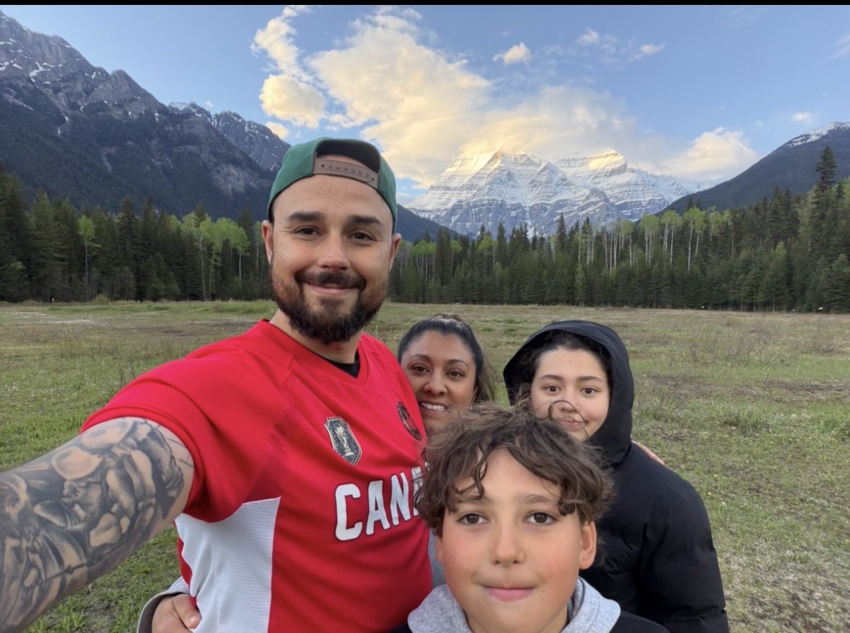 The Metzger family together on a mountain trail on Vancouver Island